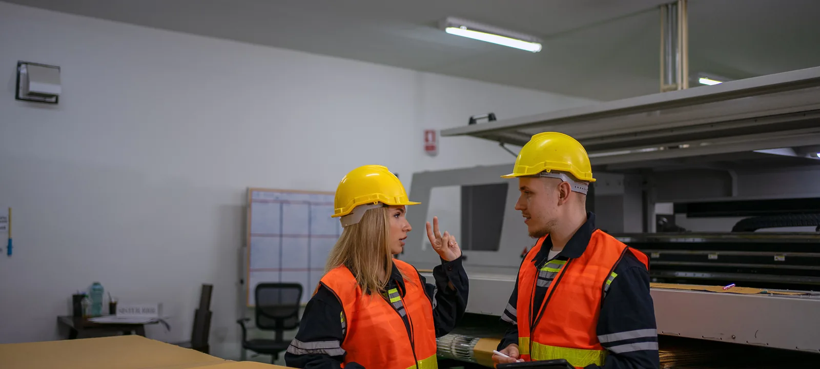 Two industrial specialists discussing production equipment