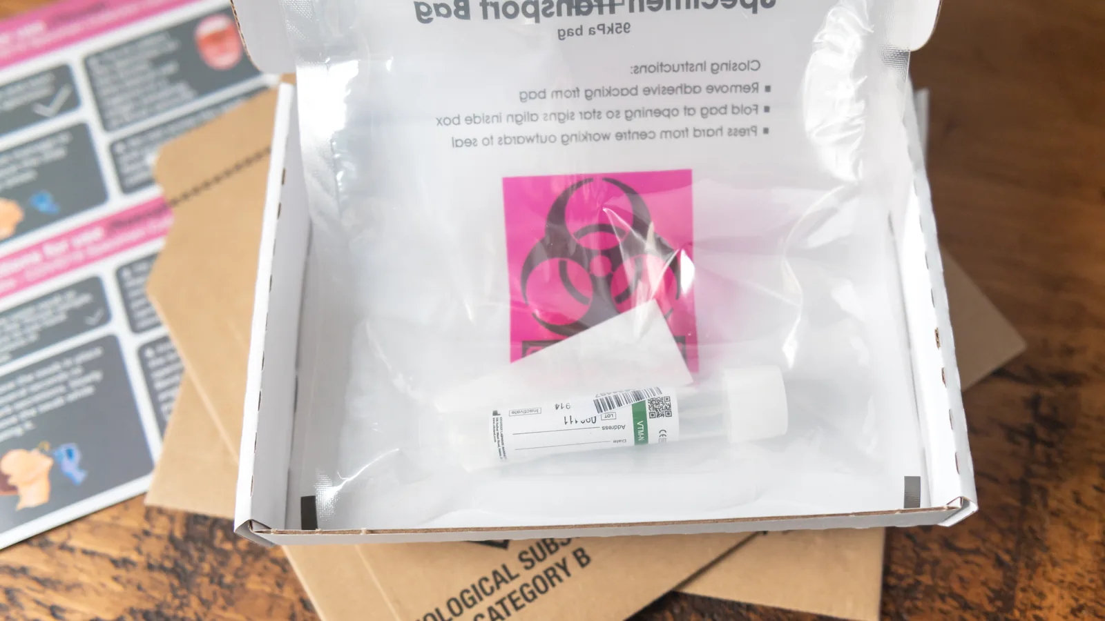 Clearly labelled medical specimen kit and documentation